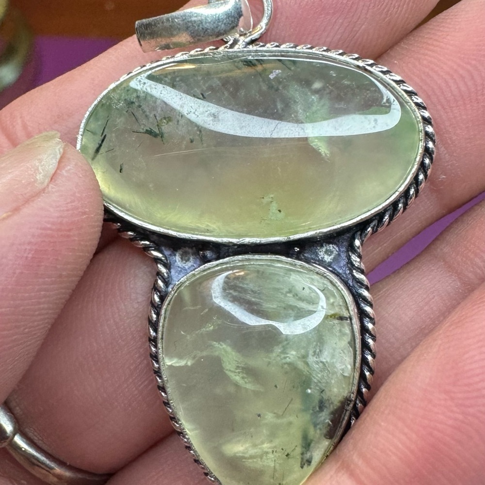 Moss Prehnite 925 Silver Plated Long Pendant 2.1"
